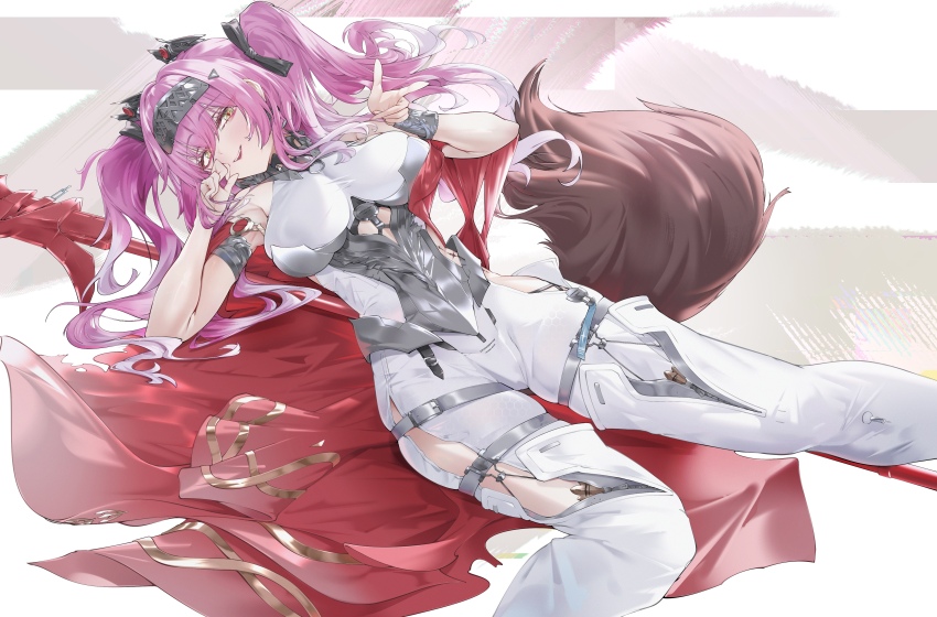 1girl absurdres armor black_bow bodysuit boots bow breastplate breasts collar commentary gradient_hair hair_bow hairband hand_up headgear highres large_breasts long_hair looking_at_viewer lupa_(wuthering_waves) luridrumours lying metal_collar metal_hairband multicolored_hair on_back pink_hair red_pupils red_sash sash smile solo tacet_mark_(wuthering_waves) tail thigh_boots white_bodysuit white_boots wolf_tail wrist_guards wuthering_waves yellow_eyes