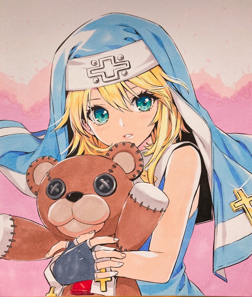 1boy aqua_eyes black_gloves blonde_hair bridget_(guilty_gear) cross cuffs fingerless_gloves gloves guilty_gear guilty_gear_xx habit highres latin_cross looking_at_viewer male_focus medium_hair nun parted_lips roger_(guilty_gear) shirahane_nao stuffed_animal stuffed_toy teddy_bear traditional_media trap