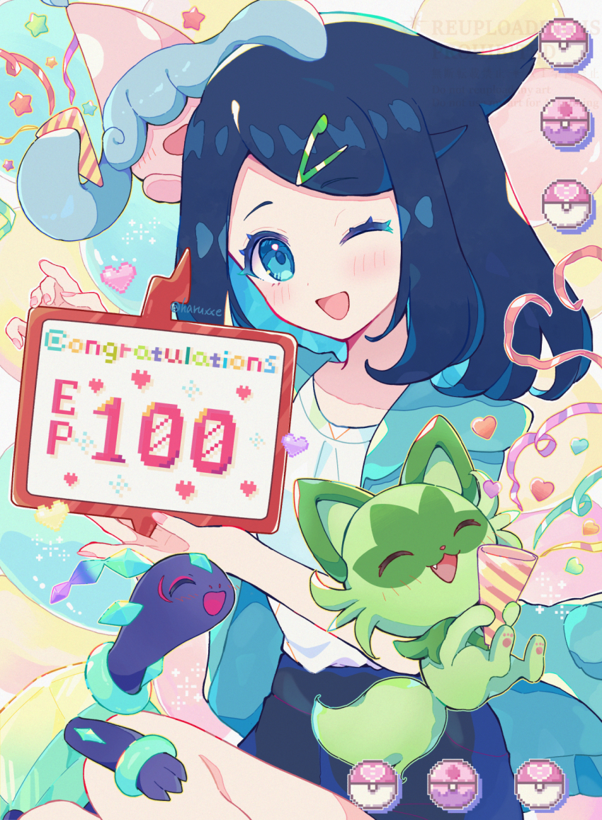 1girl black_hair blue_eyes blue_hair blue_jacket blush celebration closed_eyes colored_inner_hair commentary_request cowlick eyelashes gen_8_pokemon hair_ornament hairclip haru_(haruxxe) hatenna highres holding jacket liko_(pokemon) looking_at_viewer multicolored_hair nintendo one_eye_closed open_clothes open_mouth poke_ball pokemon pokemon_(anime) pokemon_(creature) pokemon_horizons shirt short_hair shorts smile sprigatito white_shirt