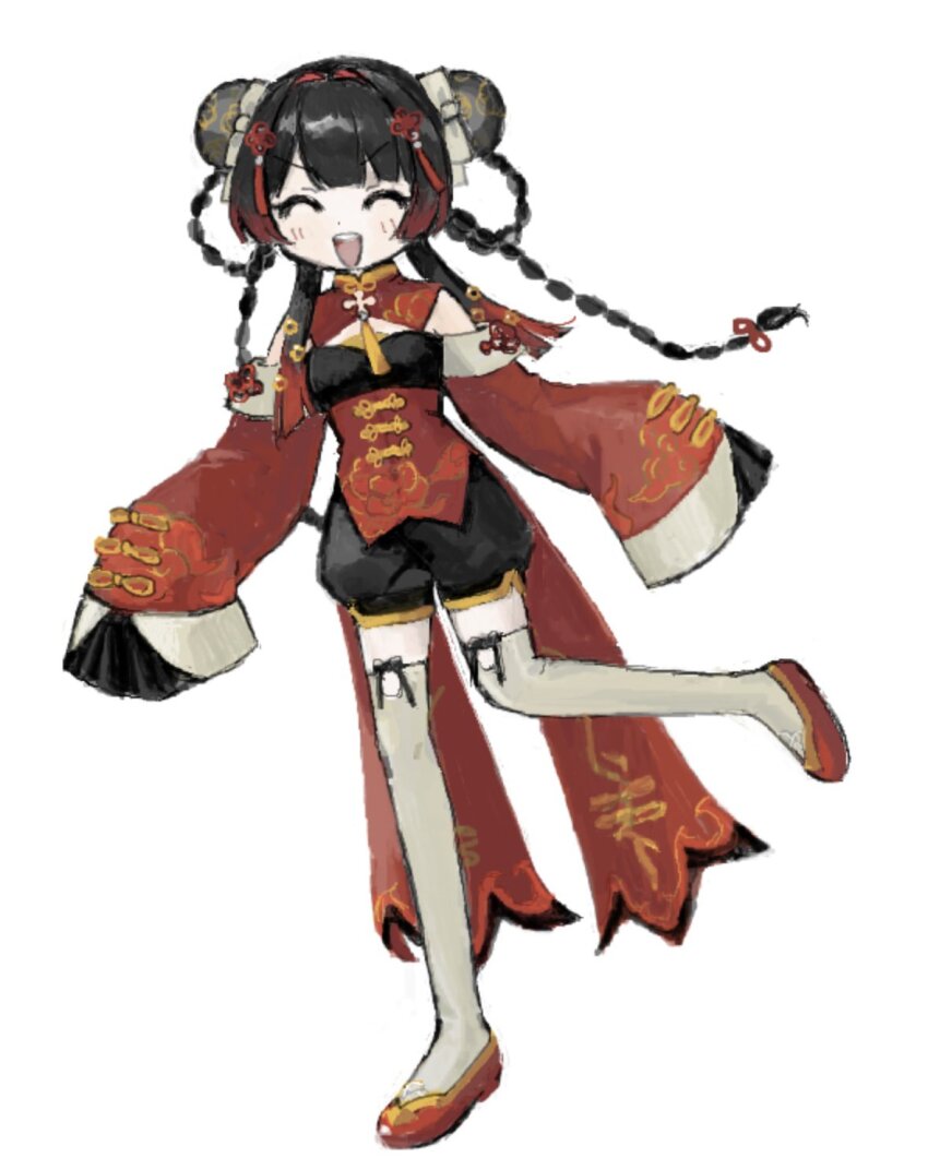 1girl ^_^ black_hair blush braid braided_hair_rings bun_cover china_dress chinese_clothes cleavage_cutout closed_eyes clothing_cutout coattails commentary detached_sleeves double_bun dress facing_viewer flats full_body hair_bun hair_intakes hair_rings highres hitonatz long_hair multicolored_hair neck_tassel nijisanji open_mouth puffy_shorts red_footwear red_hair red_sleeves short_shorts shorts sleeves_past_fingers sleeves_past_wrists smile solo standing standing_on_one_leg streaked_hair tassel thighhighs tsukino_mito tsukino_mito_(china_dress) twin_braids underbust virtual_youtuber white_background white_thighhighs wide_sleeves