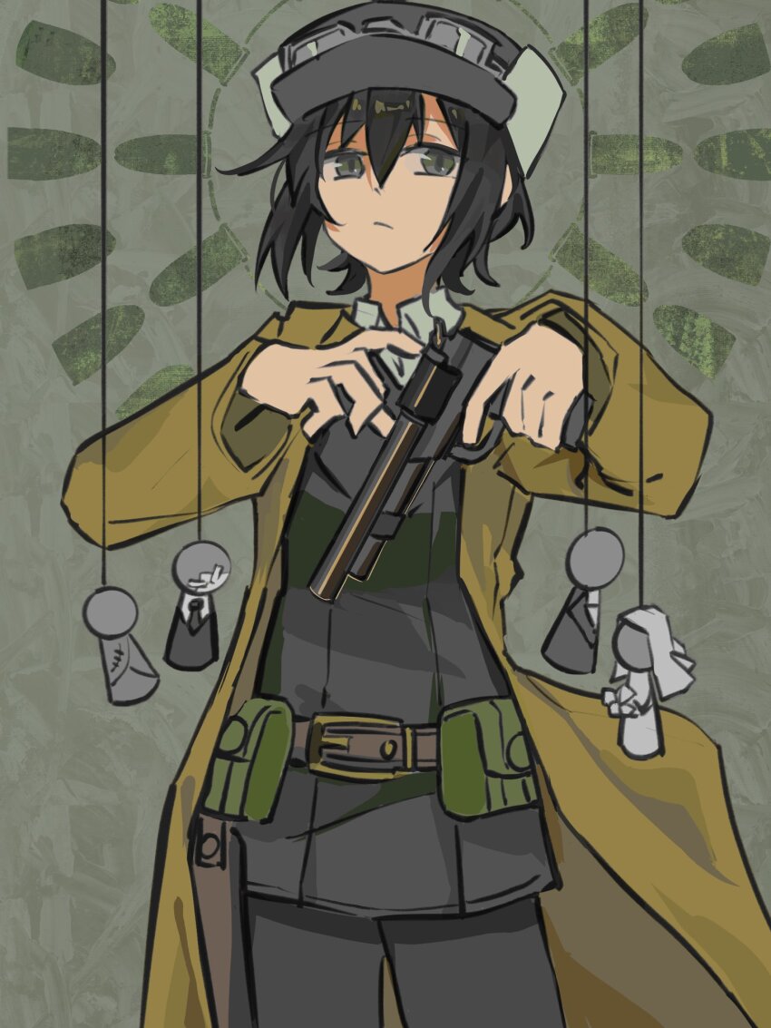 1girl belt belt_buckle belt_pouch black_eyes black_hair black_jacket black_pants bridal_veil brown_coat buckle bullet chinese_commentary coat collared_shirt commentary cowboy_shot doll expressionless finger_on_trigger goggles goggles_on_headwear gun handgun hands_up hanging hat highres holding holding_gun holding_weapon jacket kino_(kino_no_tabi) kino_no_tabi open_clothes open_coat pants pouch revolver shirt short_hair solo straight-on tuxedo veil weapon white_shirt yuitelephone
