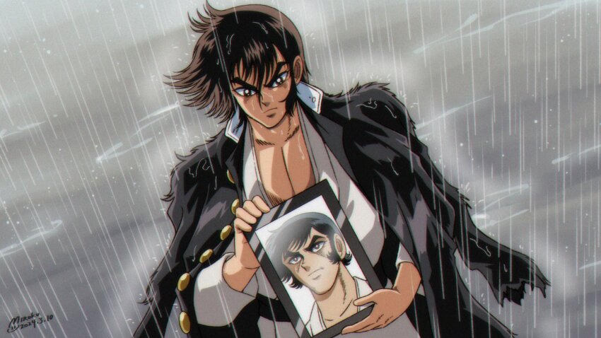 1boy black_jacket brown_hair comic_panel_redraw cowboy_shot derivative_work dougi fake_screenshot father_and_son frown gakuran getter_robo getter_robo_(classic) highres holding holding_photo holding_picture_frame ishikawa_ken_(style) jacket jacket_on_shoulders karate_gi male_focus martial_arts_belt miroku_(miroku_t) nagare_ichigan nagare_ryoma official_style pectoral_cleavage pectorals photo_(object) picture_frame portrait_(object) rain school_uniform short_hair solo v-shaped_eyebrows
