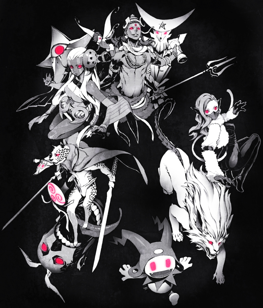 1boy abaddon abaddon_(megami_tensei) atlus black_hair cerberus_(megami_tensei) crescent decarabia demi-fiend demon_(megami_tensei) fangs highres jack_frost_(megami_tensei) kikuri-hime makami miwa_shirow monochrome nekomata_(megami_tensei) open_mouth ose pixie_(megami_tensei) purple_eyes shiki-ouji_(megami_tensei) shin_megami_tensei shin_megami_tensei_iii:_nocturne shiva_(megami_tensei) shiva_(shin_megami_tensei) smile tattoo