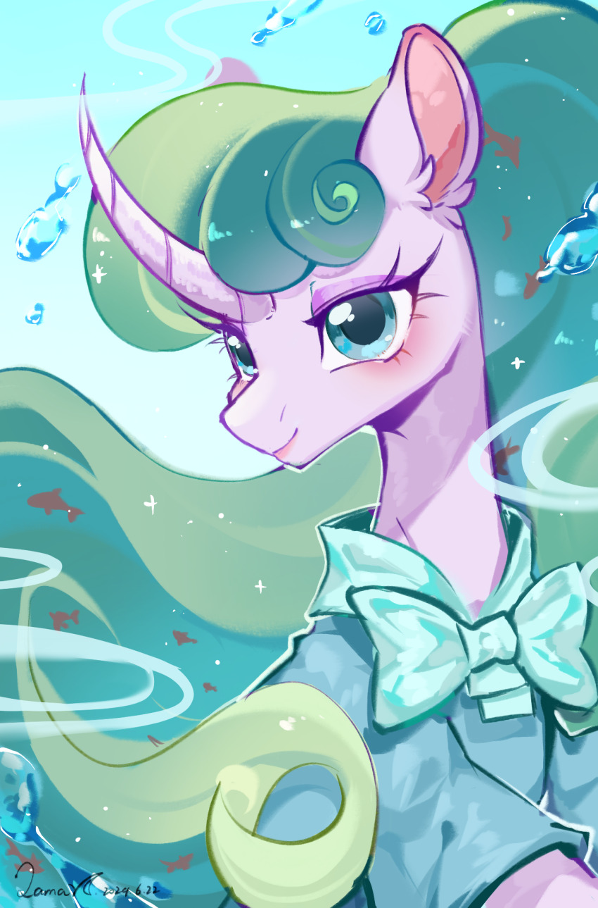 animal animal_focus aqua_bow aqua_bowtie blue_background blue_eyes blue_shirt bow bowtie bubble chinese_commentary clothed_animal commentary_request eyelashes fish highres long_hair mistmane my_little_pony my_little_pony:_friendship_is_magic no_humans pony_(animal) poyuewu purple_fur shirt smile unicorn upper_body very_long_hair