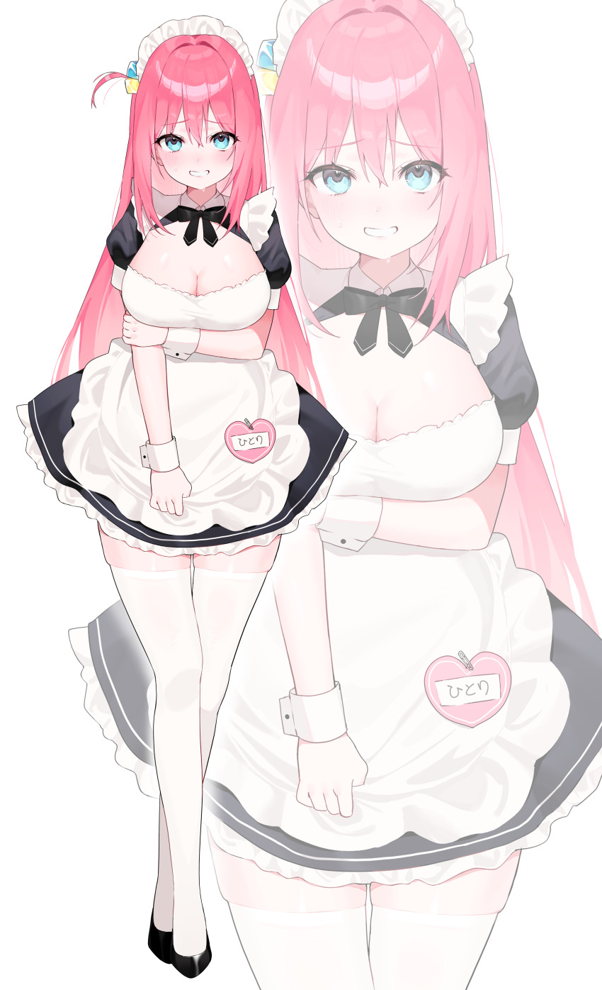 1girl absurdres apron black_dress blue_eyes bocchi_the_rock! breasts cleavage cube_hair_ornament dress gotoh_hitori grin hair_ornament highres large_breasts long_hair looking_at_viewer maid maid_headdress one_side_up pink_hair smile solo taro_(303_taroo) teeth white_apron white_background wrist_cuffs zoom_layer