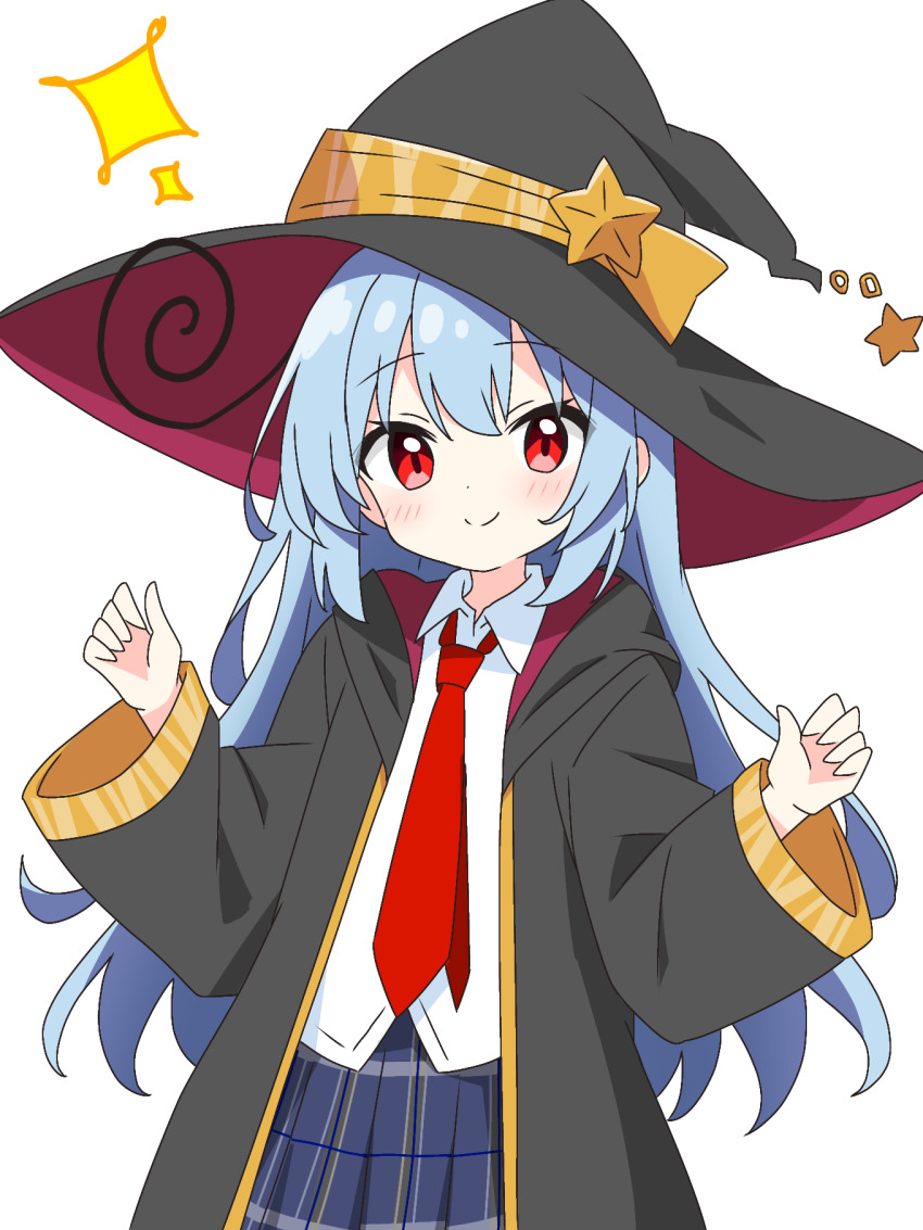 1girl black_coat black_hat blue_hair blue_skirt blush closed_mouth coat collared_shirt commentary_request cowboy_shot dot_nose hands_up hat highres hood hood_down hooded_coat kotatsu-mazoku long_hair long_sleeves looking_at_viewer necktie open_clothes open_coat original plaid_clothes plaid_skirt pleated_skirt red_eyes red_necktie school_uniform shirt sidelocks simple_background skirt smile solo white_background white_shirt wide_sleeves witch_hat