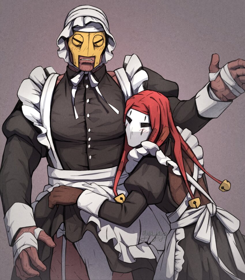 2boys absurdres apron arm_up arms_around_waist back_bow bandaged_hand bandages bell black_dress black_eyes bow brown_gloves buttons collared_dress commentary cowboy_shot crossdressing darkest_dungeon dress film_grain frilled_sleeves frills gloves grey_background grimace gwahaeyo half_mask hand_wraps hat highres jester_(darkest_dungeon) jester_cap juliet_sleeves leper_(darkest_dungeon) long_sleeves maid maid_apron maid_headdress male_focus mask multiple_boys neck_ribbon no_pupils puffy_long_sleeves puffy_sleeves red_hat ribbon sleeve_cuffs teeth upper_body white_bow white_mask white_ribbon yellow_mask