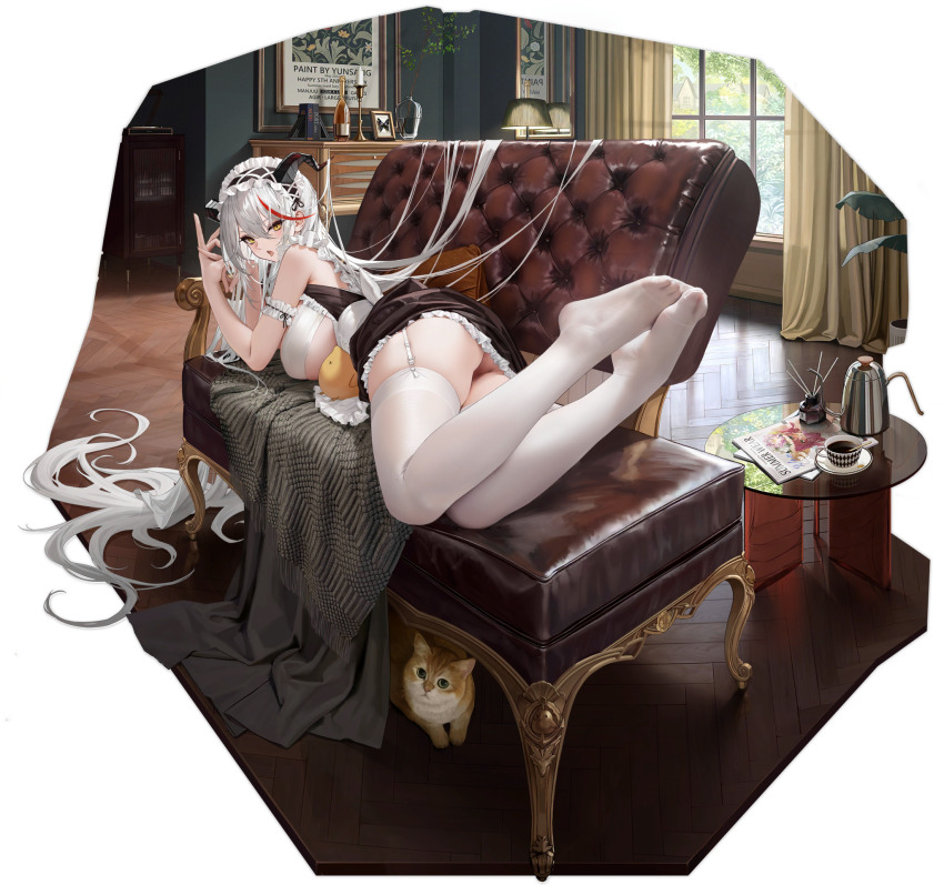 1girl aegir_(azur_lane) aegir_(iron_blood&#039;s_dragon_maid)_(azur_lane) animal artist_name ass azur_lane bottle breasts bug butterfly cameo candle candlestand cat chair character_name cup cushion day dress feet foot_focus framed_insect frilled_hairband frills garter_straps glass_table hair_between_eyes hairband highres indoors insect lamp large_breasts legs light_particles long_hair looking_at_viewer lying maid manjuu_(azur_lane) multicolored_hair newspaper no_shoes official_alternate_costume official_art on_chair on_stomach open_mouth painting_(object) penetration_gesture pillow plant potted_plant red_hair saucer see-through_clothes see-through_legwear short_dress solo streaked_hair surcouf_(azur_lane) surcouf_(loisirs_balneaires)_(azur_lane) table teacup thighhighs thighs tongue tongue_out transparent_background two-tone_hair underboob very_long_hair white_hair white_thighhighs wine_bottle wooden_floor yellow_eyes yunsang
