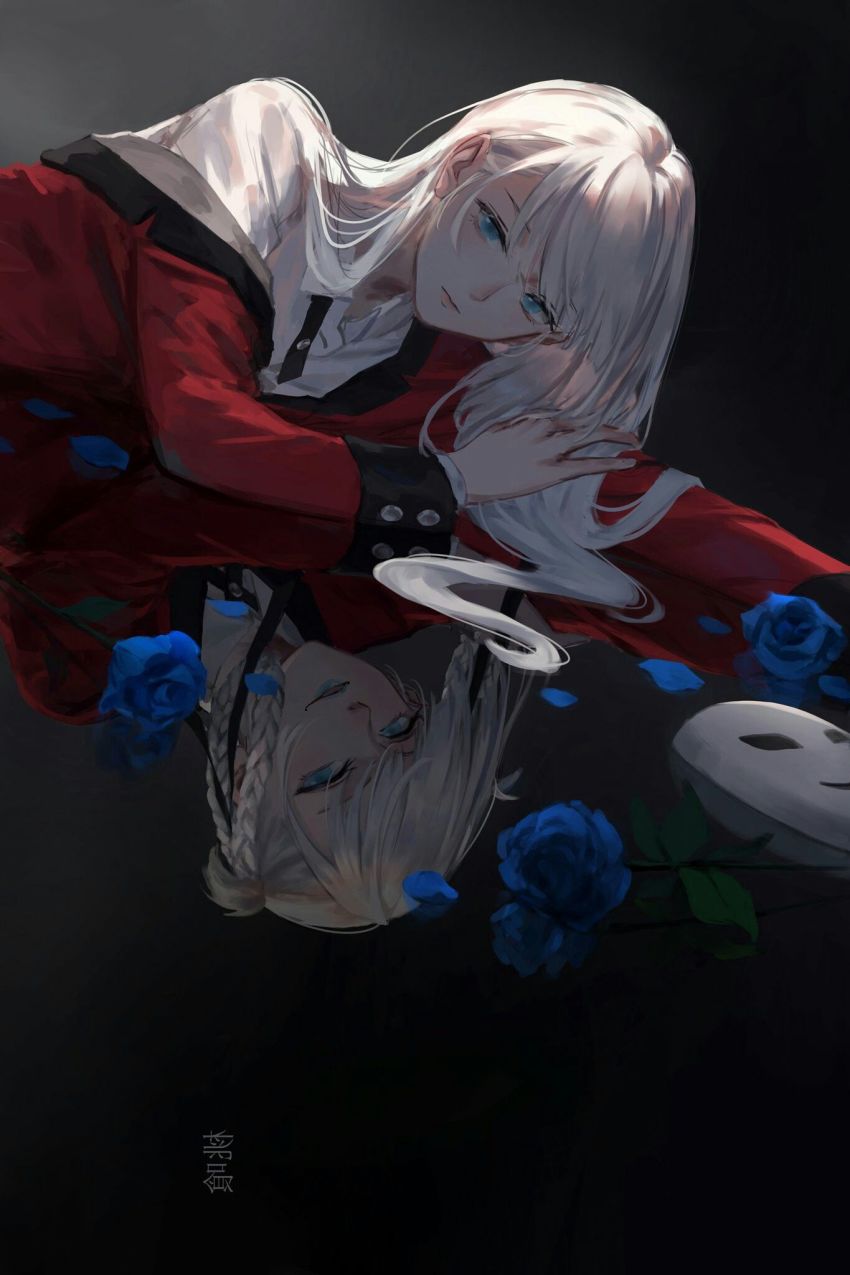 2girls aqua_lips bamboo_nima black_background blue_flower blue_rose braid flower hair_behind_ear hair_ribbon hand_rest highres jacket kakegurui lipstick long_hair lying makeup mask md5_mismatch momobami_kirari momobami_ririka multiple_girls off_shoulder on_side outstretched_arm red_jacket resolution_mismatch ribbon rose school_uniform shirt siblings silver_hair sisters source_larger tagme third-party_source white_shirt