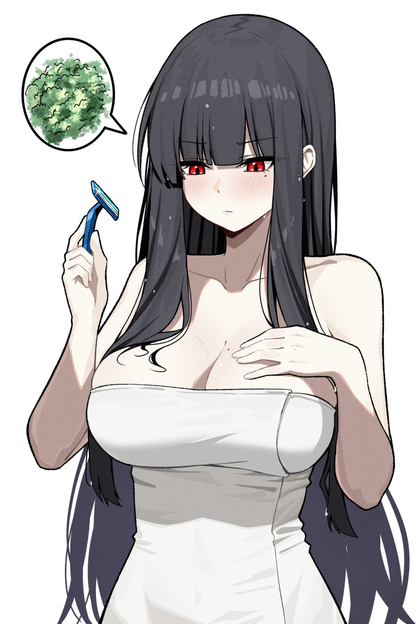1girl aulia_(reia_76) bare_arms black_hair blunt_bangs breasts cleavage closed_mouth collarbone commentary hand_on_own_chest hand_up highres holding holding_razor large_breasts long_hair mole mole_on_breast mole_under_eye naked_towel original razor red_eyes reia_76 simple_background solo spoken_object towel upper_body wet wet_hair white_background
