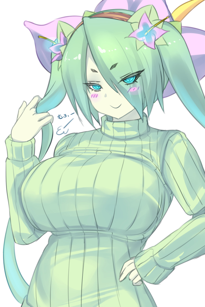 1girl alraune blue_eyes blush blush_stickers breasts closed_mouth colored_skin commentary_request eyes_visible_through_hair flower green_hair green_skin green_sweater hair_flower hair_ornament half-closed_eyes highres impossible_clothes kanon_(mon-musu_quest!) large_breasts long_hair long_sleeves looking_at_viewer mon-musu_quest! mon-musu_quest:_paradox monster_girl plant_girl playing_with_own_hair puff_of_air ribbed_sweater shiki_(psychedelic_g2) short_eyebrows simple_background smile solo sweater turtleneck turtleneck_sweater twintails upper_body v-shaped_eyebrows variant_set very_long_hair white_background