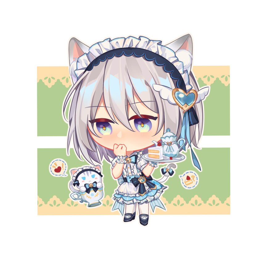 1girl animal_ears apron back_bow blue_bow blue_bowtie blue_eyes blue_gemstone blue_skirt blush border bow bowtie cake cat cat_ears cat_girl cat_tail ceizaki center_frills chibi chibi_only covering_own_mouth food frilled_wrist_cuffs frills gem grand_chase grey_hair heart highres holding holding_tray maid maid_apron maid_headdress patterned_background plaid_clothes plaid_skirt puffy_short_sleeves puffy_sleeves shoes short_sleeves skirt spoken_food spoken_heart tail teapot tiamat_(grand_chase) tray white_border wrist_cuffs