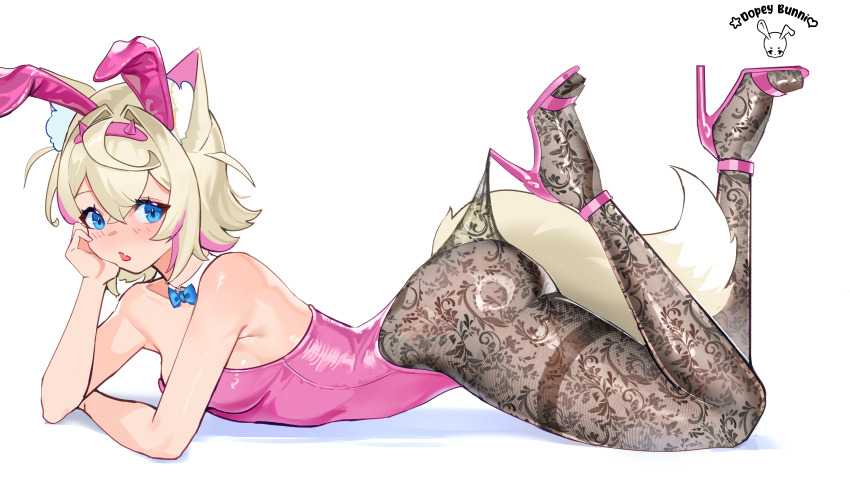 absurdres animal_ears bandaid bandaid_hair_ornament black_pantyhose blonde_hair blue_bow blue_bowtie blue_eyes bow bowtie commentary crossed_bangs detached_collar dog_ears dog_girl dog_tail dopeybunni double-parted_bangs english_commentary fake_animal_ears fake_horns from_side full_body hair_between_eyes hair_intakes hair_ornament hairband high_heels highres hololive hololive_english horn_hairband horns lace_pantyhose lace_pantyhose_hooked_on_heel_(meme) leotard lying meme mococo_abyssgard multicolored_hair on_stomach pantyhose pink_hair pink_hairband pink_leotard pink_shoes playboy_bunny rabbit_ears shoes short_hair strapless strapless_leotard strappy_heels streaked_hair tail the_pose two_side_up virtual_youtuber x_hair_ornament
