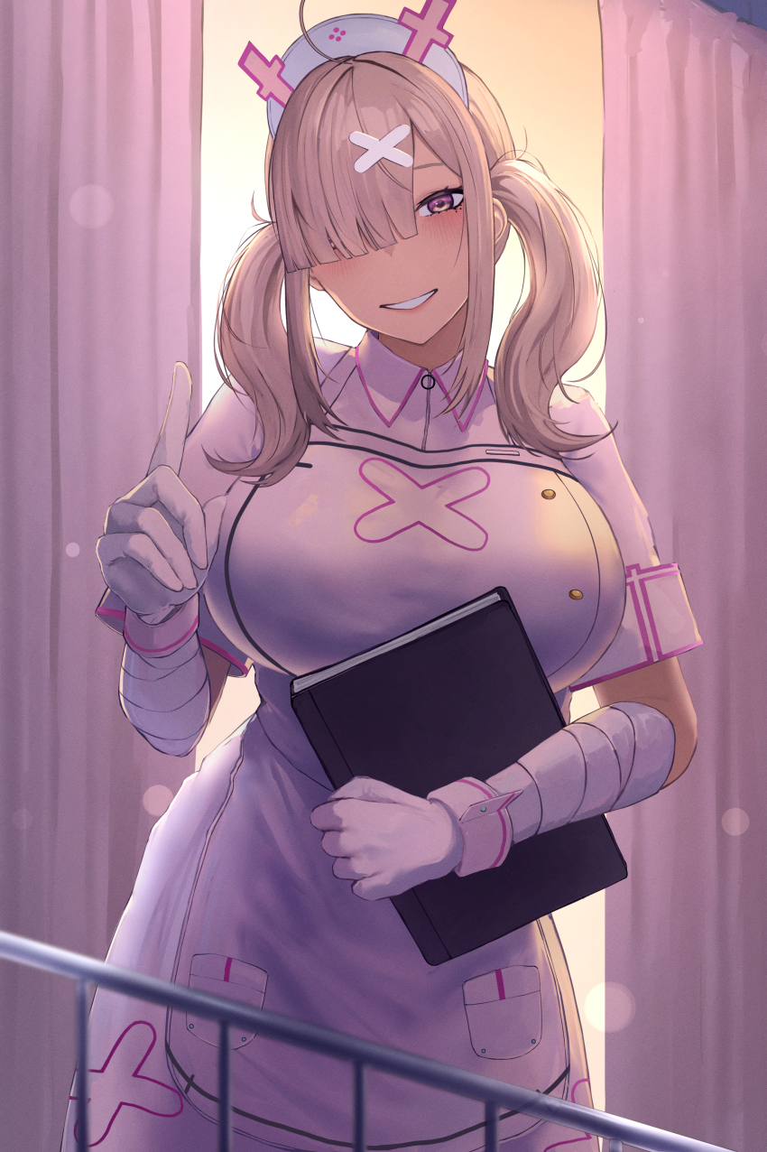 1girl absurdres bandaged_arm bandages blush book breasts cross_hat_ornament curtains dress gloves grey_hair grin hair_ornament hair_over_one_eye hairclip hat highres holding holding_book huge_breasts infirmary long_hair looking_at_viewer mole mole_under_eye multiple_moles nijisanji oribito_(dnwd3782) pink_eyes pink_lips short_sleeves smile solo sukoya_kana sukoya_kana_(1st_costume) twilight twintails virtual_youtuber white_dress white_gloves white_hat white_wrist_cuffs wrist_cuffs