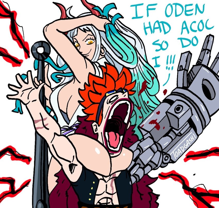 1boy 1girl artist_name ass blank_eyes blood breasts broly_culo_(meme) cleavage club club_(weapon) defeat english_text eustass_kid fur_trim haki_(one_piece) holding holding_weapon horns huge_ass humiliation kanabou large_breasts long_hair looking_at_another looking_back mechanical_arms meme multicolored_hair muscular one_piece pain parody ponytail short_hair single_mechanical_arm size_difference spiked_hair toadgashi very_long_hair weapon what yamato_(one_piece)