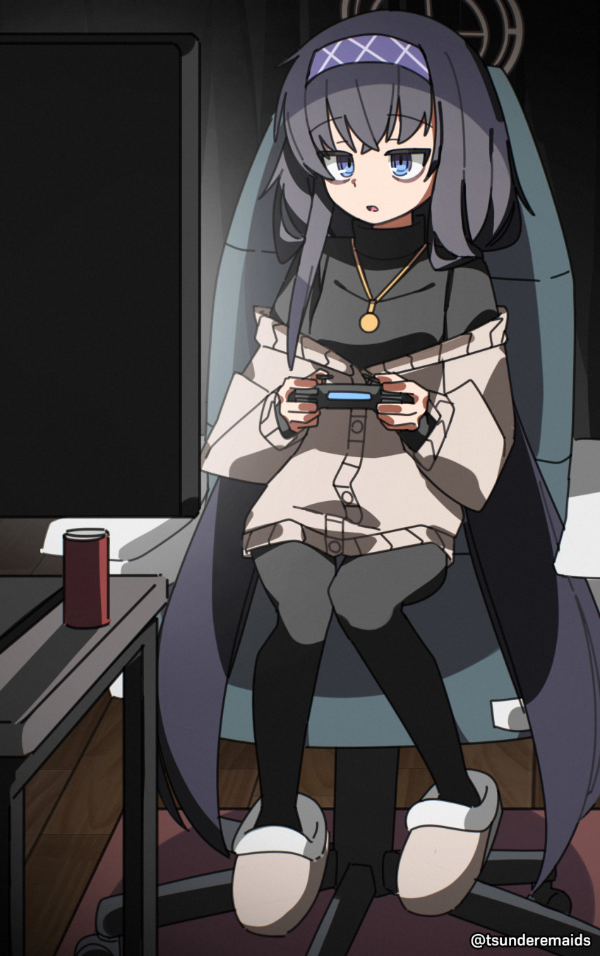 1girl bags_under_eyes bed black_hair black_hairband black_pantyhose black_shirt blue_archive blue_eyes brown_cardigan brown_slippers buttons can cardigan carpet chair controller drink_can full_body game_controller gold_necklace gold_pendant hair_over_shoulder hairband halo highres jewelry long_hair long_sleeves necklace no_pants off_shoulder office_chair open_mouth pantyhose pendant pillow playing_games playstation_controller purple_hairband red_carpet shirt slippers soda_can solo straight_hair sweater swivel_chair table television tsunderemaids turtleneck twitter_username ui_(blue_archive) very_long_hair wooden_floor yellow_halo