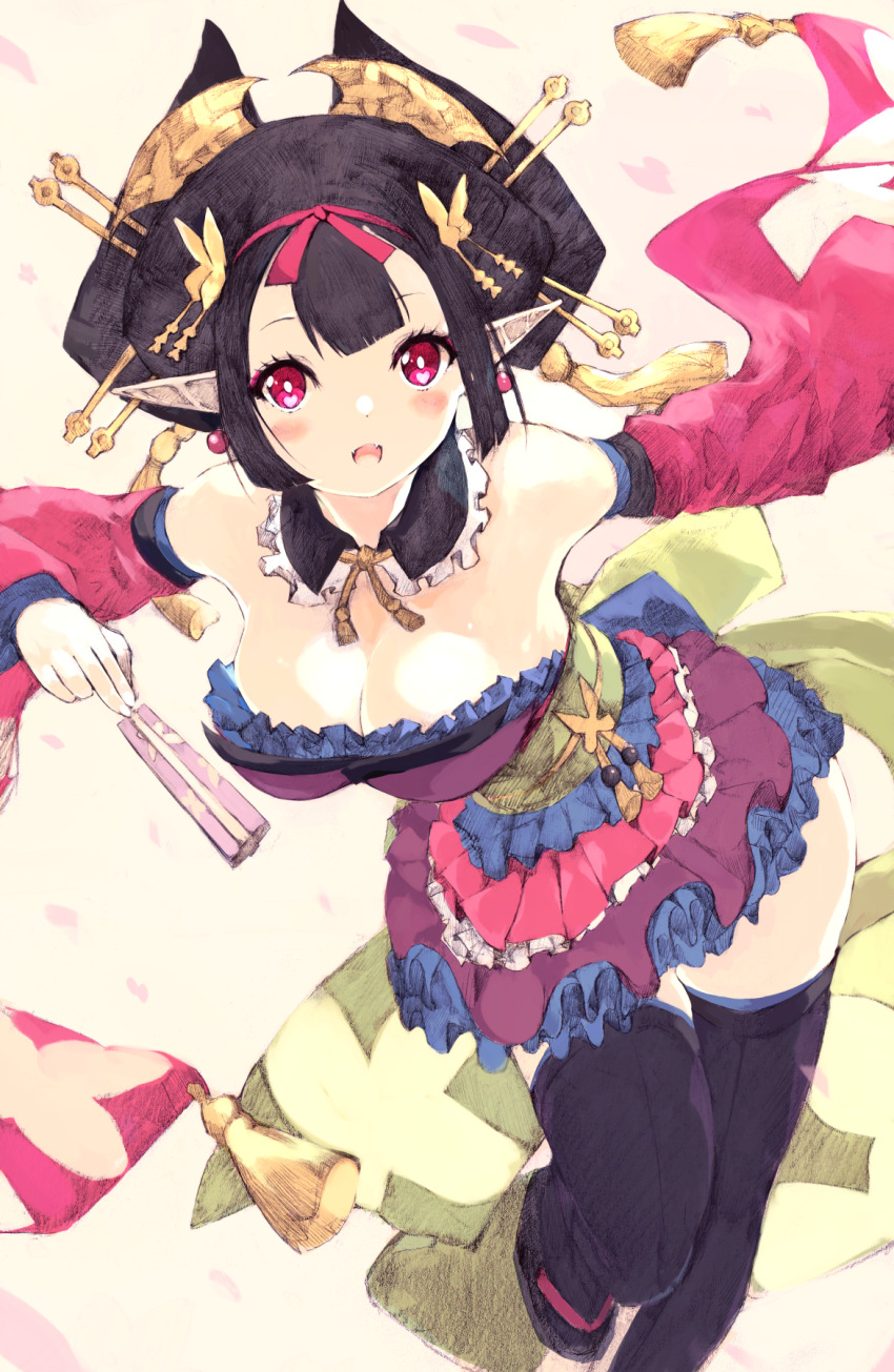 1girl :d animal_print bare_shoulders black_collar black_hair black_thighhighs blunt_bangs blunt_sidelocks blush blush_stickers bow breasts butterfly_hair_ornament butterfly_ornament butterfly_print cherry_blossoms cleavage collar datehyogo demon_girl detached_collar detached_sleeves disgaea earrings fangs folded_fan folding_fan frilled_collar frilled_skirt frills front-seamed_legwear geisha gold green_sash hair_ornament hair_ribbon hair_stick hand_fan heart heart_hands heart_in_heart_hands highres holding holding_fan japanese_clothes jewelry kakuwashi kanzashi large_breasts long_sleeves looking_at_viewer maiko_(disgaea) makai_senki_disgaea_7 median_furrow microskirt nihongami obi obiage obijime okobo one_eye_closed open_mouth panties pink_sleeves platform_sandals pointy_ears print_bow print_folding_fan print_sleeves purple_skirt red_eyes red_ribbon ribbon sandals sash seamed_legwear shiny_skin short_hair simple_background skirt smile solo sphere_earrings tassel thighhighs underwear waist_bow