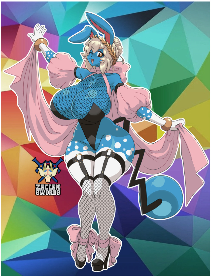 azumarill blonde_hair breasts choker fishnets gen_2_pokemon high_heels highres huge_breasts leotard nintendo one_eye_closed pokemon ribbon ribbon_choker ribbon_shoes thighhighs wink zacianswords
