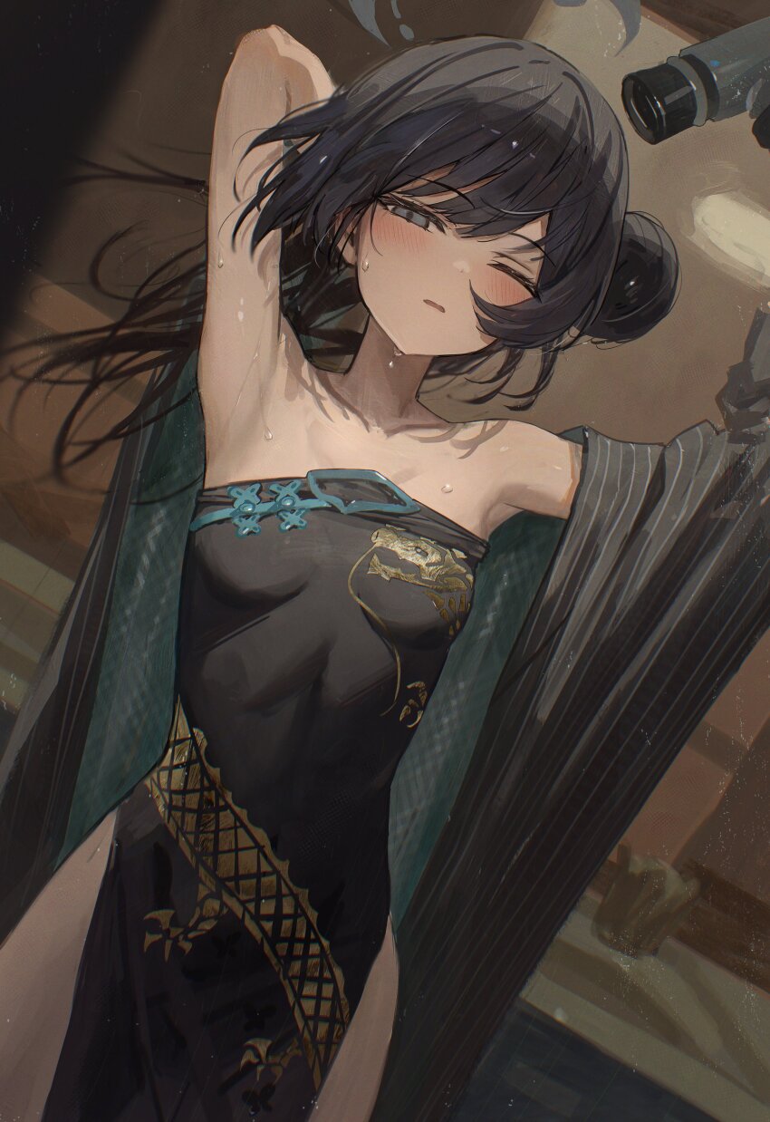 1girl absurdres after_bathing arm_up armpits bare_shoulders black_dress black_hair blue_archive blush breasts china_dress chinese_clothes coat coat_partially_removed cowboy_shot dress drying drying_hair dutch_angle gold_embroidery grey_coat grey_eyes hair_bun hair_dryer half-closed_eye halo hidulume highres kisaki_(blue_archive) long_hair looking_at_viewer one_eye_closed parted_bangs parted_lips partially_undressed pelvic_curtain side_slit single_hair_bun sleeveless sleeveless_dress small_breasts solo striped_coat vertical-striped_coat water_drop