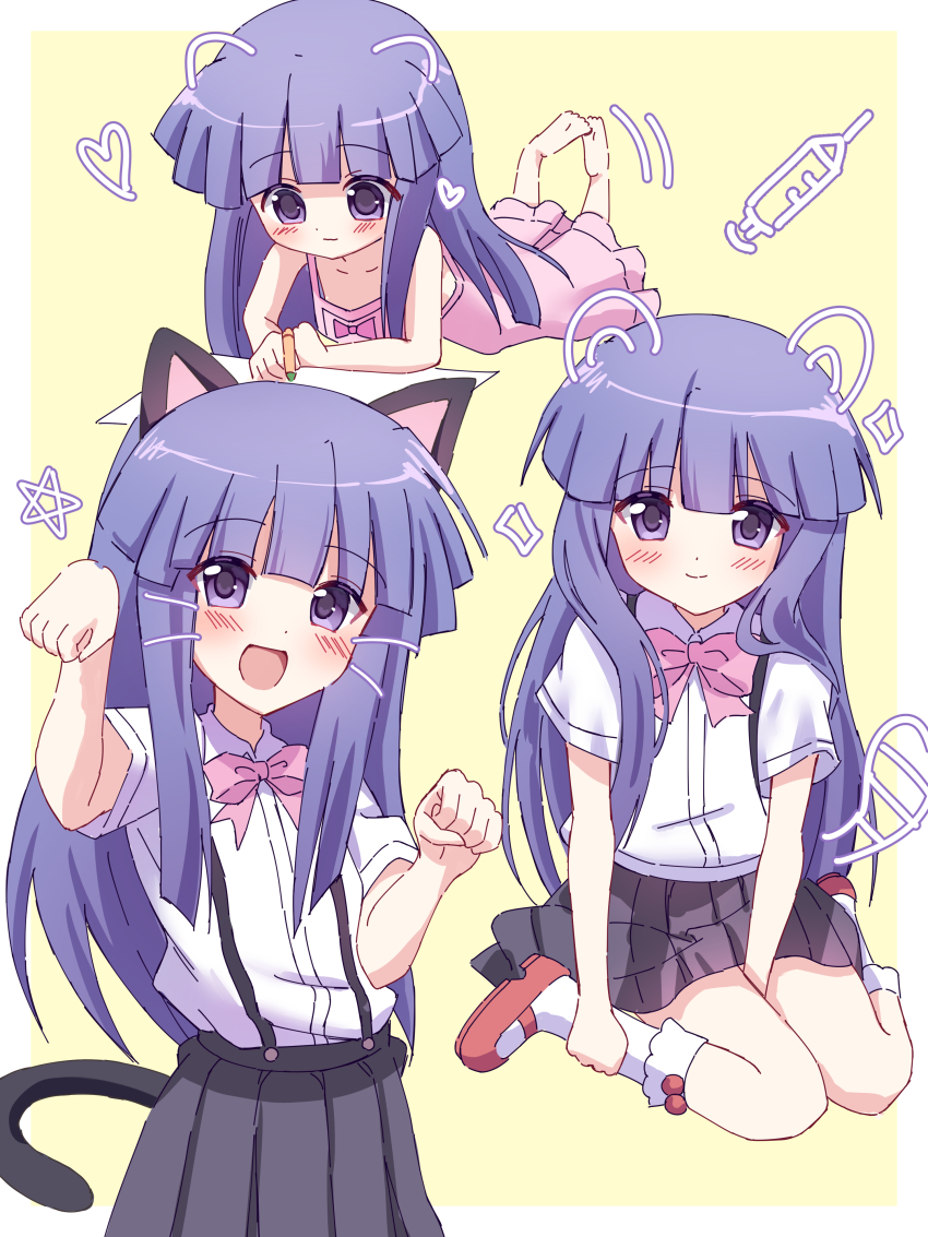 1girl absurdres animal_ears black_skirt blue_hair blunt_bangs blush border bow bowtie cat_ears cat_tail closed_mouth collarbone crayon drawing_(action) drawn_ears drawn_whiskers dress fake_animal_ears fake_tail full_body furude_rika heart highres higurashi_no_naku_koro_ni holding holding_crayon long_hair looking_at_viewer lying multiple_views nyako_(x_nyako_x) on_stomach open_mouth paw_pose pink_bow pink_bowtie pink_dress pleated_skirt purple_eyes red_shoes shirt shoes short_sleeves sitting skirt sleeveless sleeveless_dress smile socks star_(symbol) suspender_skirt suspenders syringe tail white_border white_shirt white_socks yellow_background