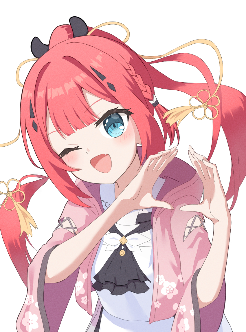 1girl ;d ascot black_ascot blue_eyes blunt_bangs blush braid cherry_blossom_print commentary_request cowboy_shot eyelashes fang floating_hair floral_print floral_print_kimono hair_ornament hands_up happy highres hood hood_down hooded_kimono japanese_clothes kamiyama_shiki kimono long_hair looking_at_viewer one_eye_closed open_clothes open_kimono open_mouth pink_kimono ponytail print_kimono red_hair sailor_collar school_uniform serafuku shirt side_braid sidelocks simple_background skin_fang skirt smile solo summer_pockets summer_pockets_school_uniform tassel tassel_hair_ornament white_background white_sailor_collar white_serafuku white_shirt white_skirt yumojtm
