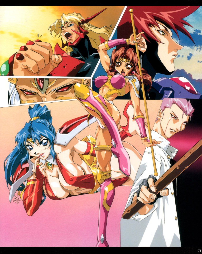 1990s_(style) 2girls 4boys :d :o angry areola_slip arm_ribbon armor artbook ass bent_over blonde_hair blood bloody_tears blue_eyes blue_hair blush bokken boots bow breasts bridal_gauntlets brown_eyes brown_hair buttons center_opening choker choujin_gakuen_gowcaizer circlet cleavage clenched_hand close-up cloud covered_erect_nipples curvy earrings fang fighting_stance finger_to_mouth fingerless_gloves fingernails floating_hair foreshortening gakuran gem gloves gowcaizer gradient_background groin hair_ornament hellstinger high_ponytail highleg highleg_leotard highres hishizaki_shaia_(gowcaizer) holding jacket jewelry kaiza_isato kash_gyustan large_breasts leg_lift legs leotard letterboxed lips lipstick long_fingernails long_hair long_legs looking_at_viewer looking_away looking_back magical_girl makeup midriff mountain multiple_boys multiple_girls muscular nail_polish naughty_face no_bra no_pupils official_art ohga oobari_masami open_clothes open_jacket open_mouth orange_eyes ousaki_shizuru outdoors ozaki_shizuru panties parted_lips partially_visible_vulva pauldrons pink_boots pink_hair pink_legwear polearm ponytail profile red_eyes red_hair retro_artstyle revealing_clothes ribbon sash scan school_uniform shigure_kyosuke shigure_kyousuke short_hair shoulder_armor sideboob signature sky smile son_karin spiked_hair staff standing standing_on_one_leg sunset sword tan technos thigh_boots thighhighs thighlet thighs thong tiara underwear upper_body warrior weapon wedgie white_hair white_panties wooden_sword yellow_eyes zettaishin_ouga