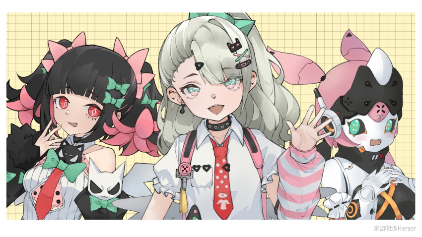 3girls black_hair blunt_bangs bow chinatsu_remiel collared_shirt commentary_request detached_sleeves earrings fang green_bow green_eyes green_necktie grey_hair hair_bow hair_ornament hairclip herasr highres jewelry long_hair looking_at_viewer multicolored_hair multiple_girls necktie open_mouth pink_bow pink_eyes pink_hair ponytail puffy_sleeves red_eyes red_necktie robot rokudu_sariel shirt short_sleeves smile twintails upper_body virtual_youtuber waving white_shirt yellow_background yutane_johiel zenless_zone_zero