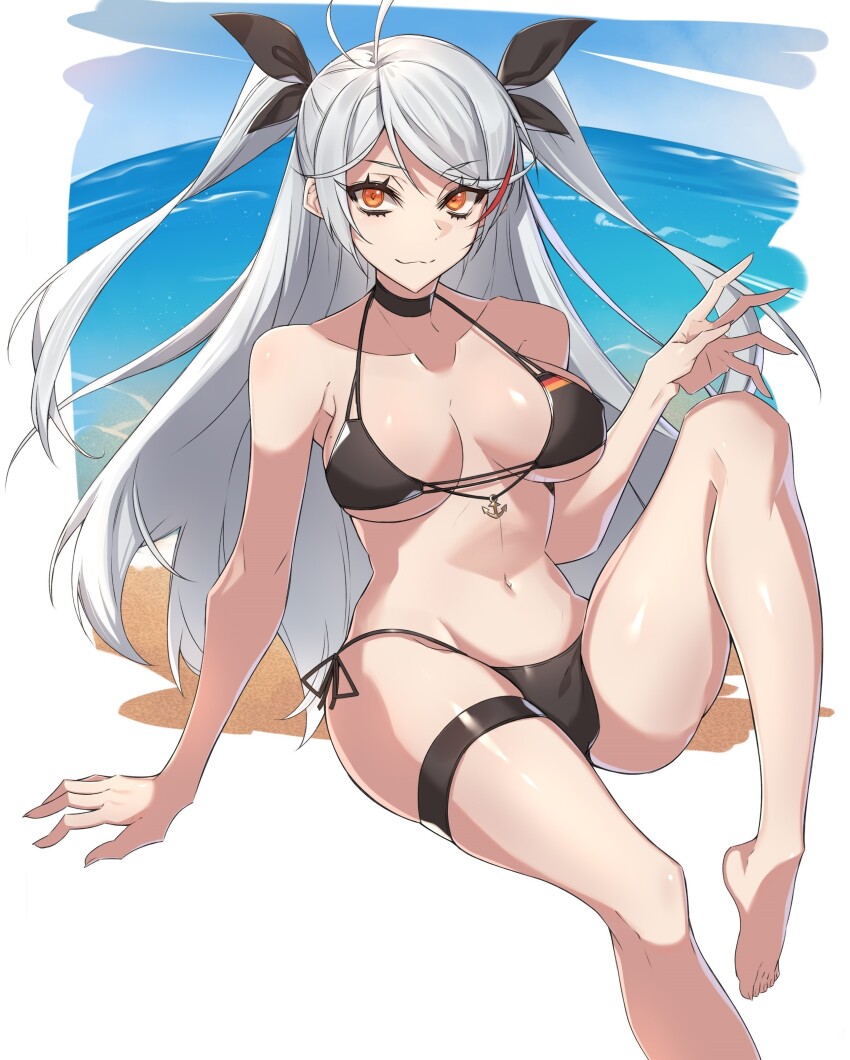 1girl absurdres anchor_ornament arm_behind_back azur_lane beach bikini black_bikini black_choker black_ribbon black_straps breasts breasts_apart choker commentary_request day flag_print german_flag_bikini groin hair_ribbon hand_up highres knee_up large_breasts legs long_hair looking_at_viewer medium_breasts multicolored_hair navel ocean orange_eyes ouka_(sakura_oinari) outdoors outside_border prinz_eugen_(azur_lane) prinz_eugen_(unfading_smile)_(azur_lane) red_hair ribbon side-tie_bikini_bottom skindentation smile solo streaked_hair swimsuit thigh_strap thighs two-tone_hair two_side_up very_long_hair white_hair