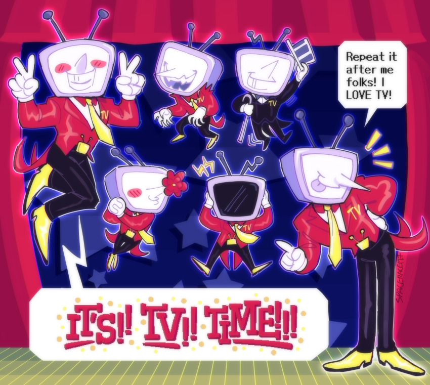 1boy ant_tenna artist_name black_jacket black_pants blush_stickers bow bowtie cane commentary curtains deltarune double_v english_commentary fangs full_body gloves hands_on_own_head hat hat_tip highres holding holding_cane interlocked_fingers jacket lightning_bolt_symbol male_focus multiple_views necktie notice_lines object_head own_hands_together pants red_jacket shoes smile spacerace127 speech_bubble star_(symbol) tailcoat teeth tongue tongue_out v white_gloves yellow_necktie yellow_shoes