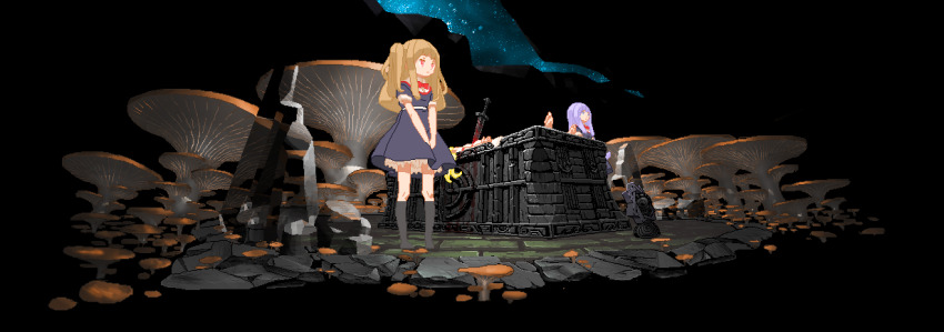3girls altar blonde_hair blood bow bowtie closed_mouth crystal death execution giant_mushroom grey_shirt grey_skirt human_sacrifice kneehighs medium_hair multiple_girls mushroom night night_sky original pixelated puffy_short_sleeves puffy_sleeves purple_eyes purple_hair red_eyes red_neckwear shirt short_sleeves skirt skirt_set sky socks star_(sky) starry_sky sword the_elder_scrolls the_elder_scrolls_v:_skyrim two_side_up underground vvindowsme weapon