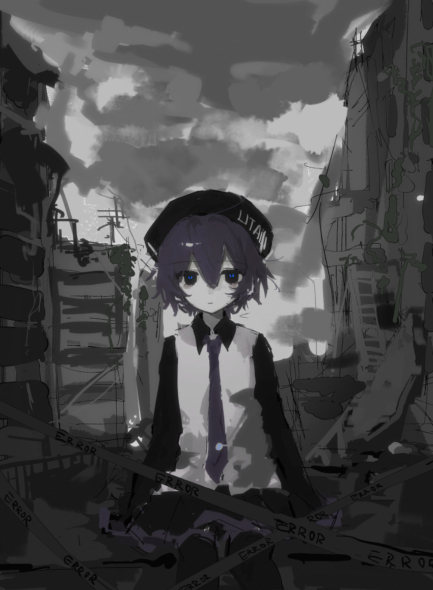 1girl absurdres bags_under_eyes beret black_eyes black_skirt blue_pupils building caution_tape city closed_mouth collared_shirt copyright_name day expressionless feet_out_of_frame hat highres inonn0133 looking_at_viewer muted_color necktie outdoors overcast pale_skin purple_hair purple_necktie ruins shirt short_hair sitting skirt sky solo utane_uta utau white_shirt