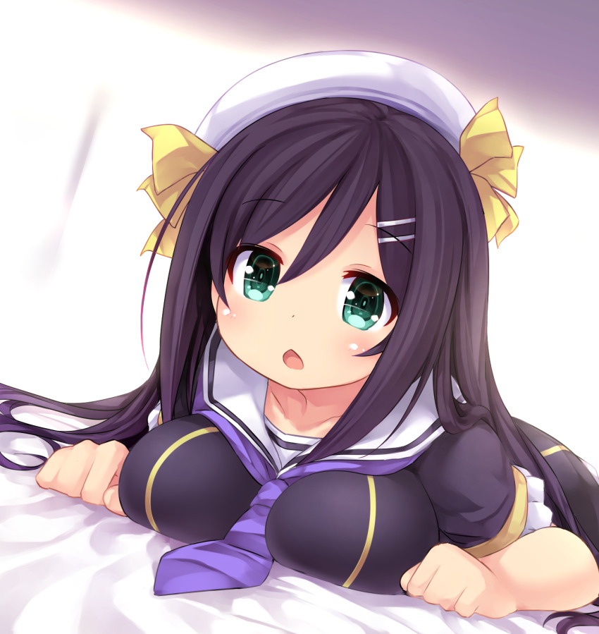 1girl between_breasts black_dress black_hair breast_press breasts character_request chestnut_mouth dress female_focus green_eyes hair_ornament hairclip hat headband highres indie_virtual_youtuber long_hair lying neckwear_between_breasts on_stomach open_mouth original sailor_collar solo tamase_tama virtual_youtuber white_headband