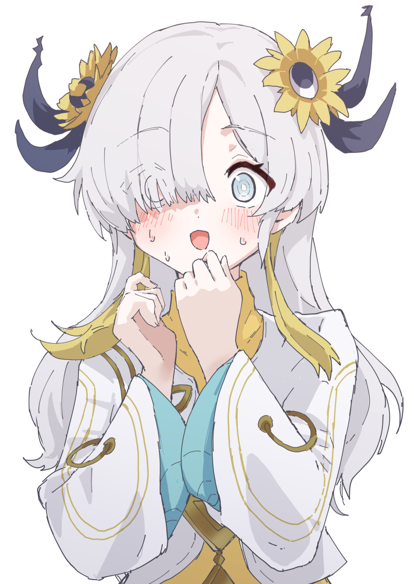 1girl absurdres blush flower grey_eyes grey_hair hair_flower hair_ornament hair_over_one_eye hands_up highres isekaijoucho kamitsubaki_studio long_hair long_sleeves open_mouth simple_background solo speech_bubble sunflower sunflower_hair_ornament textless_version translation_request upper_body virtual_youtuber white_background yucblossom