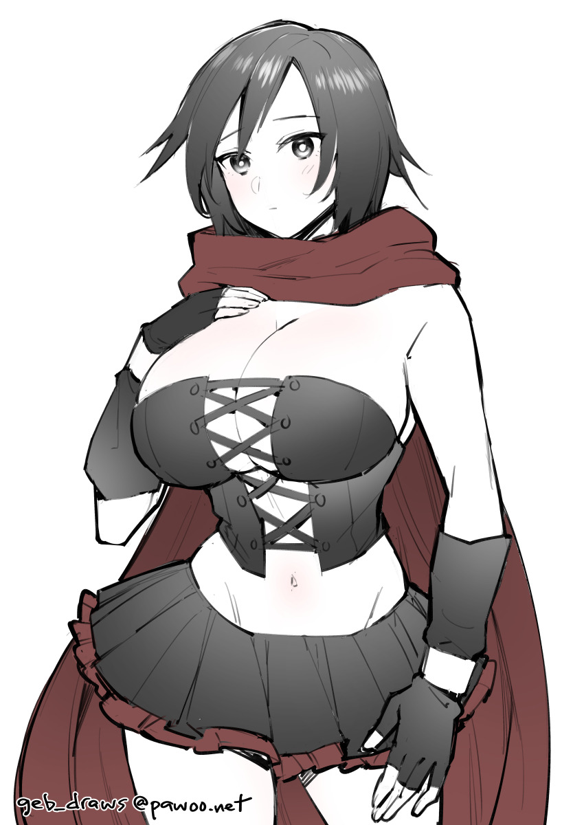 1girl absurdres alternate_breast_size_(larger) black_hair breasts cleavage closed_mouth commentary corset cowboy_shot detached_sleeves fingerless_gloves ge-b gloves hand_on_own_chest highres large_breasts looking_at_viewer midriff miniskirt pleated_skirt red_scarf ruby_rose rwby scarf simple_background skirt solo spot_color