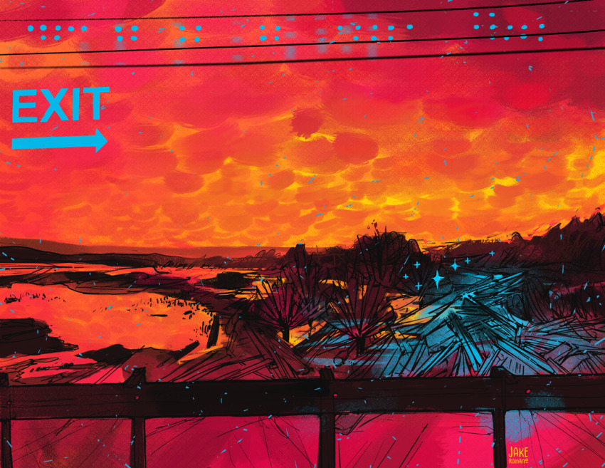 blue_light braille cloud cloudy_sky color_contrast commentary english_commentary evening exit_sign jake_romano landscape no_humans orange_clouds orange_light orange_sky orange_theme original outdoors plant power_lines railing red_sky reflection reflective_water scenery signature sky sky_focus sparkle sunset water wetland