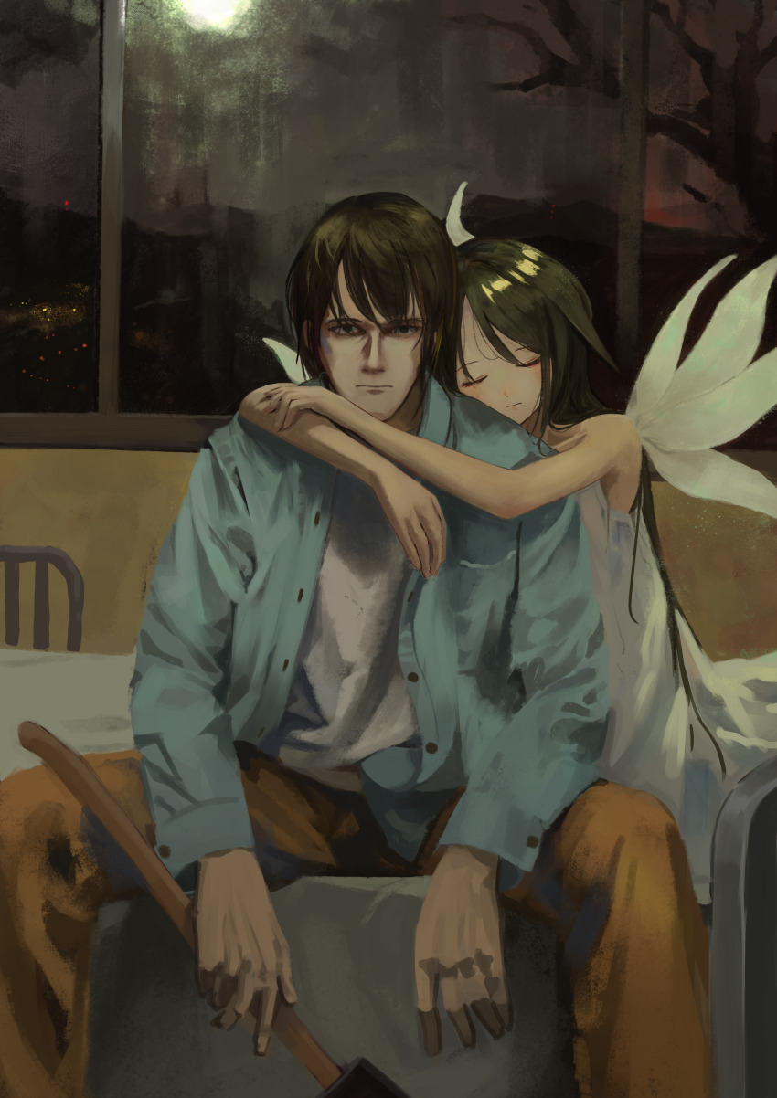 1boy 1girl absurdres axe bare_shoulders black_hair closed_eyes closed_mouth commentary couple dress eliot_(eokaitekaite969) green_hair hair_flaps highres holding holding_axe hug long_hair on_bed sakisaka_fuminori saya_(saya_no_uta) saya_no_uta short_hair sitting sleeveless sleeveless_dress sundress very_long_hair white_dress wings