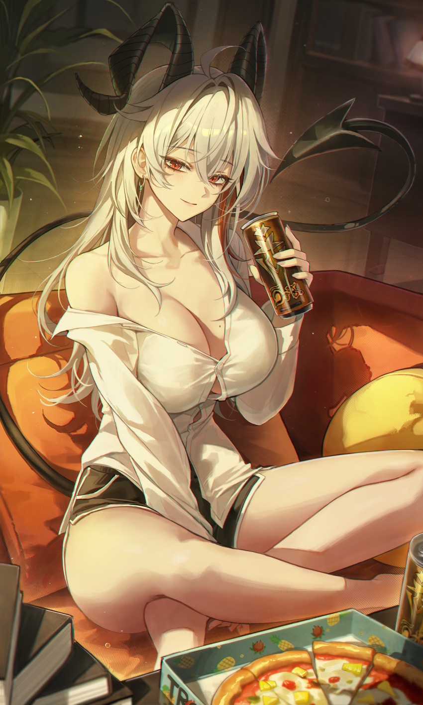 1girl absurdres ahoge alternate_costume black_horns black_shorts black_tail breasts can chair closed_mouth collarbone commentary crossed_legs curled_horns demon_tail dolphin_shorts drink_can earrings food grey_hair hair_intakes highres holding holding_can horns indoors jewelry key_earrings large_breasts long_hair looking_at_viewer meoyo mole mole_on_breast mole_under_eye multicolored_hair on_chair pineapple_on_pizza pizza red_eyes shirt shorts single_off_shoulder sitting smile solo streaked_hair tail white_shirt wuthering_waves zani_(wuthering_waves)