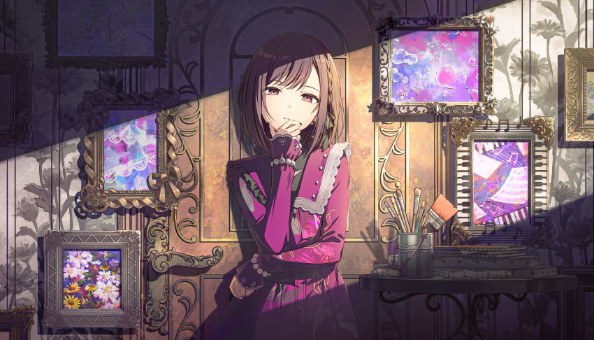1girl against_wall art_brush black_nails black_ribbon bob_cut bracelet braid brown_eyes brown_hair bucket buttons canvas_(object) clenched_hand coat_dress collared_dress colorful colorful_palette crack_of_light door door_handle dot_nose dress elbow_on_arm elbow_rest expressionless fingernails flower foliage frilled_shirt_collar frills hair_ribbon half-closed_eyes hand_on_own_face hand_up head_rest head_tilt highres impressionism instrument jewelry keyboard_(instrument) lace lace-trimmed_shirt_collar leaf_print long_sleeves looking_at_viewer musical_note official_alternate_costume official_art omoi_wo_nosete!_dream_stage_(project_sekai) paint_tube paintbrush painting_(object) parted_lips pearl_bracelet picture_frame project_sekai purple_dress ribbon shadow sheet_music shinonome_ena short_braid short_hair side_braid sidelighting silver_trim single_braid sketchbook sleeves_past_wrists solo staff standing straight-on swept_bangs table third-party_source upper_body water_drop white_flower yellow_flower