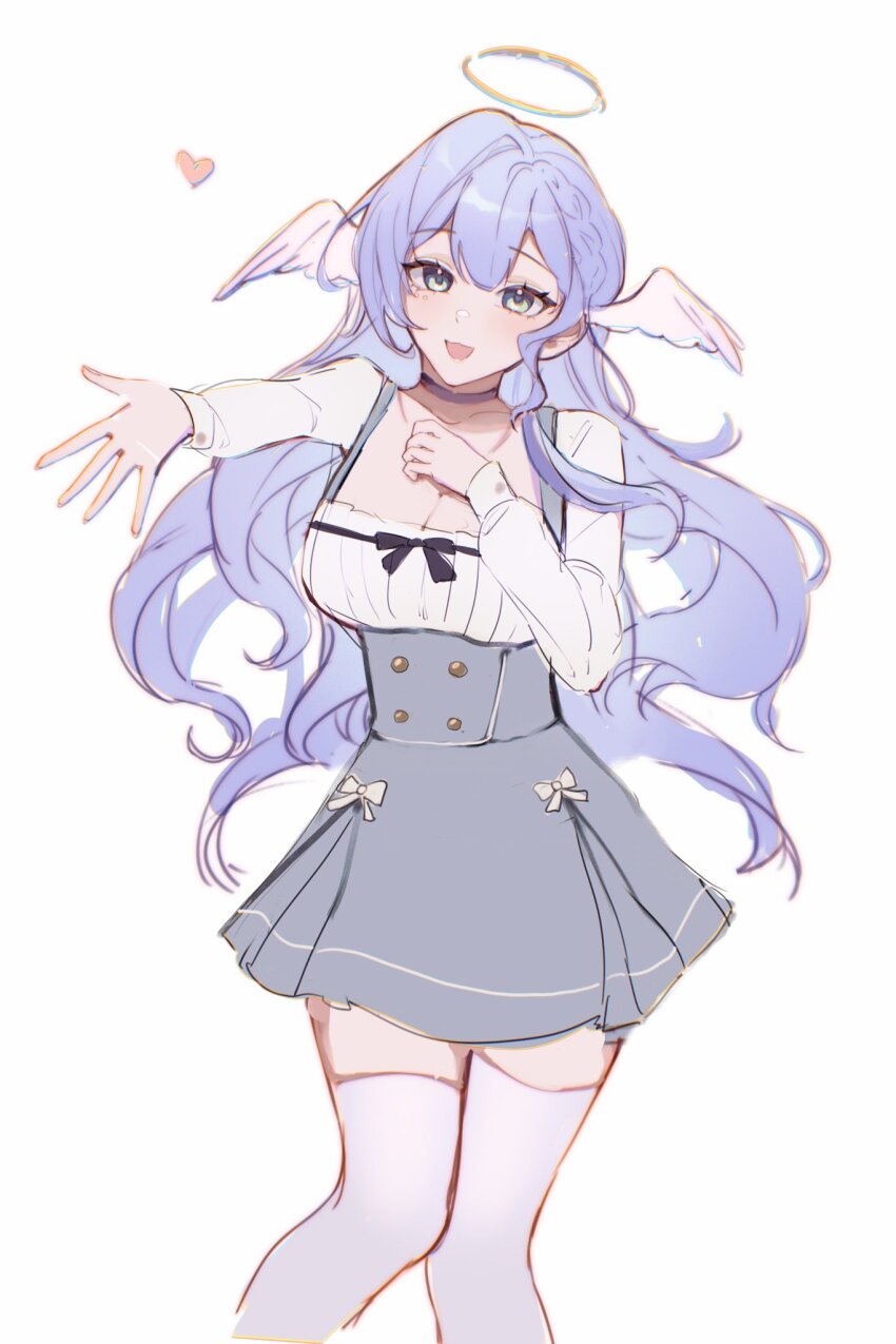 1girl alternate_costume aqua_eyes black_bow bow breasts choker cleavage evangellium floating grey_skirt head_wings highres honkai:_star_rail honkai_(series) large_breasts long_hair long_sleeves looking_at_viewer open_mouth purple_choker purple_hair robin_(honkai:_star_rail) shirt simple_background skirt thighhighs white_background white_shirt white_thighhighs white_wings wings zettai_ryouiki