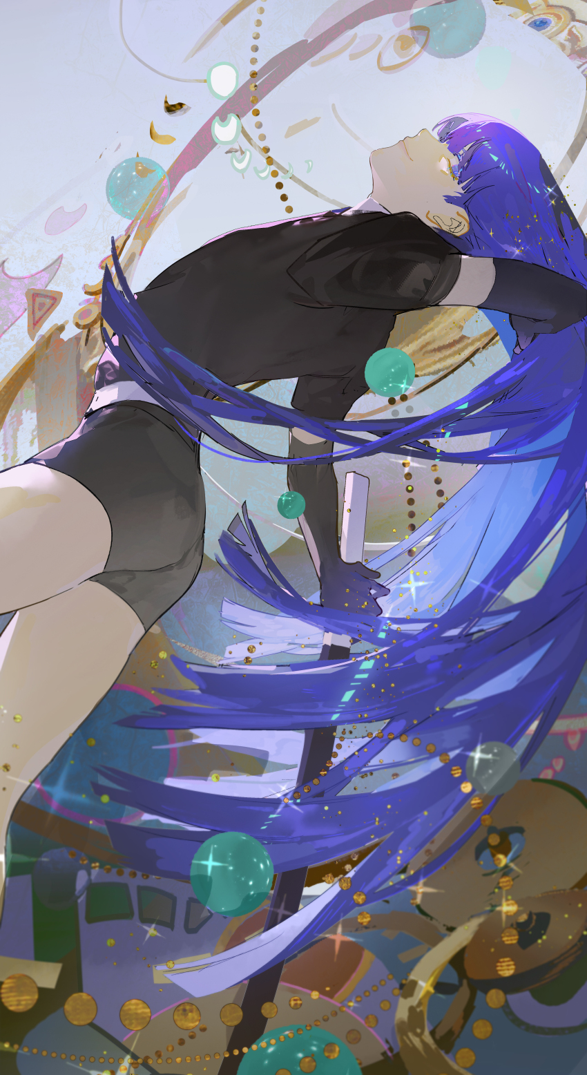 1other absurdres adjusting_hair androgynous arched_back arms_behind_back belt black_gloves blue_eyes blue_hair blunt_bangs closed_mouth cowboy_shot cropped_legs crystal_hair elbow_gloves gem gem_uniform_(houseki_no_kuni) glint gloves gold hand_in_own_hair highres holding holding_sheath holding_sword holding_weapon houseki_no_kuni kakin666 lapis_lazuli_(houseki_no_kuni) leaning_back long_hair looking_at_viewer other_focus phosphophyllite_(gemstone) puffy_short_sleeves puffy_sleeves sheath sheathed short_shorts short_sleeves shorts sideways_glance smile solo sparkle straight_hair sword very_long_hair weapon white_belt