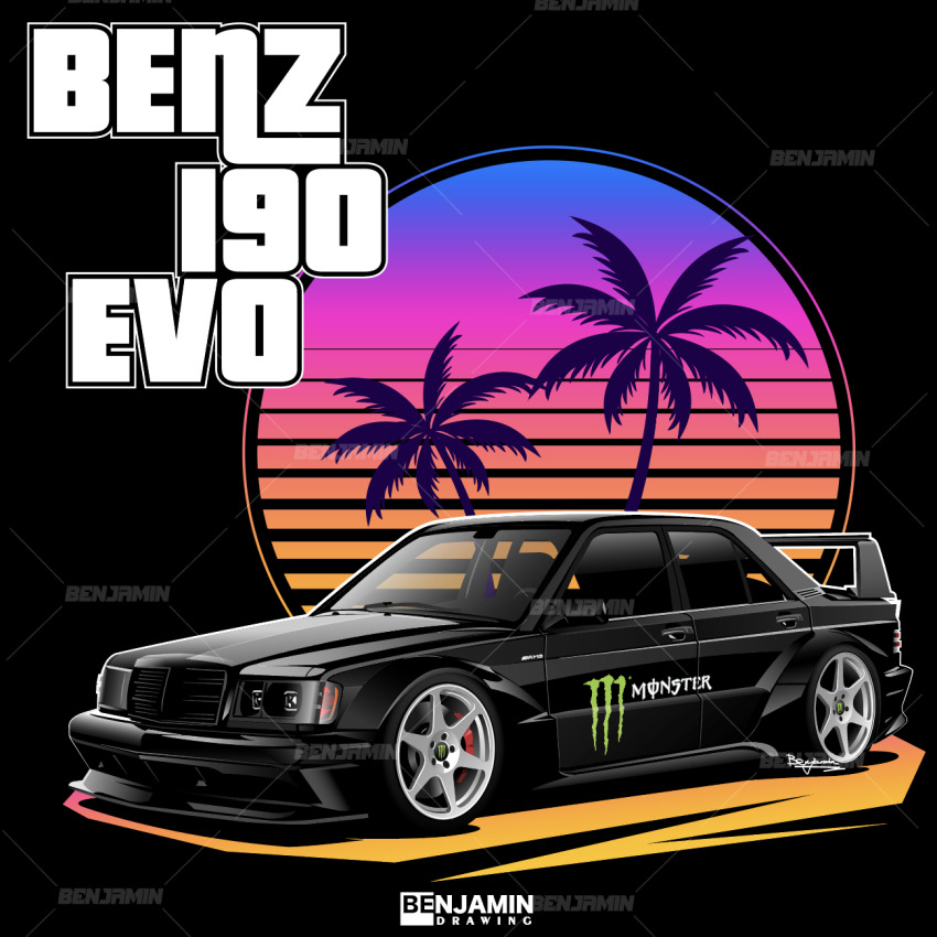 artist_logo benjamin_(user_scjv3278) car grand_theft_auto highres logo logo_parody mercedes-benz mercedes-benz_190e monster_energy motor_vehicle no_humans original realistic shadow signature spoiler_(automobile) vehicle_focus