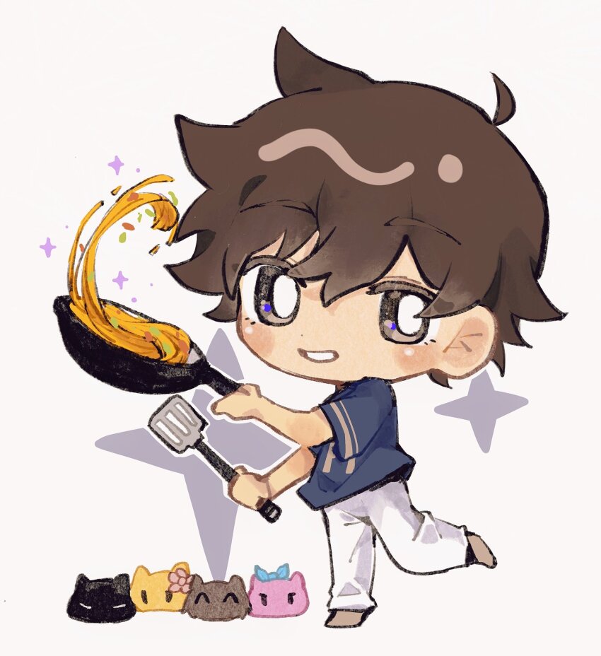 1boy ahoge animal aubrey_(faraway)_(omori) aubrey_(omori) barefoot basil_(faraway)_(omori) basil_(omori) blue_bow blue_shirt bow bright_pupils brown_eyes brown_hair cat chibi chibi_only coiky0314 commentary flower food frying_pan full_body grin hair_behind_ear hair_between_eyes hero_(faraway)_(omori) hero_(omori) highres holding holding_frying_pan holding_spatula kel_(faraway)_(omori) kel_(omori) looking_at_viewer male_focus mewo omori pants pasta shirt short_sleeves simple_background smile solo spaghetti sparkle spatula standing standing_on_one_leg white_background white_pants white_pupils