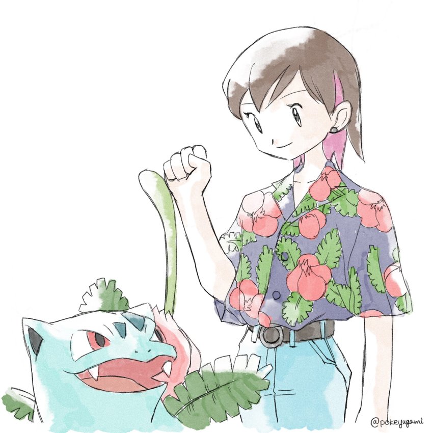 1girl belt blue_pants brown_hair buttons clenched_hand closed_mouth collarbone collared_shirt commentary_request earrings fist_bump floral_print gen_1_pokemon grey_eyes hand_up highres ivysaur jewelry looking_down nintendo pants plant pokemon pokemon_(creature) pokeyugami shirt short_hair short_sleeves simple_background smile vines white_background