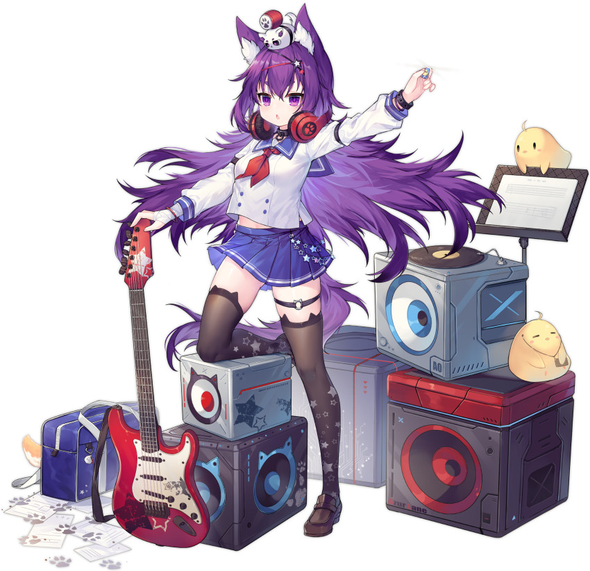 1girl :o animal_ear_fluff animal_ears ao_jun azur_lane black_thighhighs dress guitar hair_ornament headphones headphones_around_neck highres instrument long_hair looking_at_viewer manjuu_(azur_lane) necktie official_alternate_costume official_art purple_eyes purple_hair red_neckwear sailor_dress school_uniform skirt speaker tail thigh_strap thighhighs transparent_background urakaze_(azur_lane) urakaze_(sengoku_shredder!)_(azur_lane)