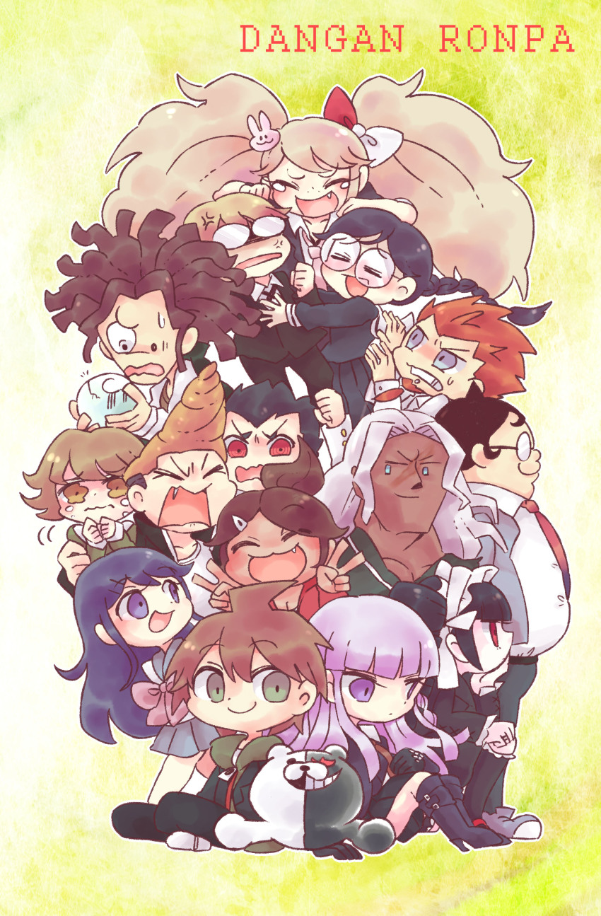 6+boys 6+girls :3 :d absurdres ahoge anger_vein asahina_aoi black_boots black_hair black_shirt blue_eyes blue_hair blush boots bow braid brown_hair celestia_ludenberg chibi closed_eyes closed_mouth commentary_request copyright_name cosplay crystal_ball danganronpa:_trigger_happy_havoc danganronpa_(series) dark-skinned_female dark_skin double_v enoshima_junko enoshima_junko_(cosplay) eyelashes facial_hair fangs freckles from_side fujisaki_chihiro fukawa_toko glasses green_eyes grey_jacket hagakure_yasuhiro hair_bow hair_ornament hairclip high_heel_boots high_heels highres holding ikusaba_mukuro ishimaru_kiyotaka jacket kirigiri_kyoko kuwata_leon long_hair long_sleeves maizono_sayaka monokuma multiple_boys multiple_girls naegi_makoto necktie ogami_sakura opaque_glasses open_clothes open_jacket open_mouth orange_hair outline owada_mondo pale_skin ponytail purple_eyes purple_hair rabbit_hair_ornament red_eyes red_necktie round_eyewear scar scar_on_face shirt short_hair sitting smile standing sweatdrop tearing_up teeth togami_byakuya trembling twintails two-tone_bow v v-shaped_eyebrows very_long_hair wataame_(quality) wavy_mouth white_hair white_outline white_shirt yamada_hifumi
