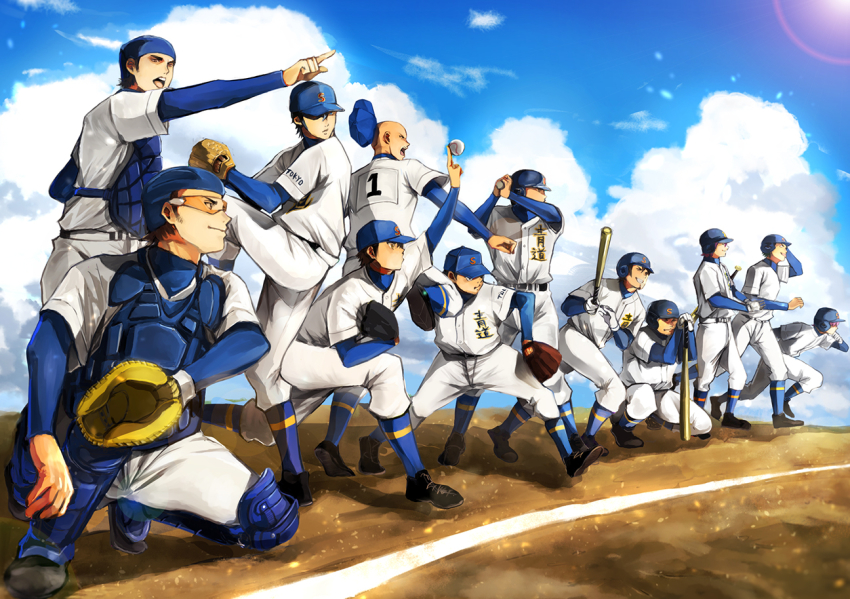 6+boys 8_(artist) ace_of_diamond bald baseball baseball_bat baseball_cap baseball_glove baseball_helmet baseball_uniform black_hair blue_sky clothes_writing cloud day furuya_satoru glasses gloves hat helmet isashiki_jun kawakami_norifumi kominato_haruichi kominato_ryousuke long_sleeves male_focus masuko_tooru miyuki_kazuya multiple_boys open_mouth outdoors pointing pointing_forward sakai_ichirou sawamura_eijun short_hair short_sleeves sky sportswear squatting standing takigawa_chris_yuu tanba_kouichirou teeth yuuki_tetsuya