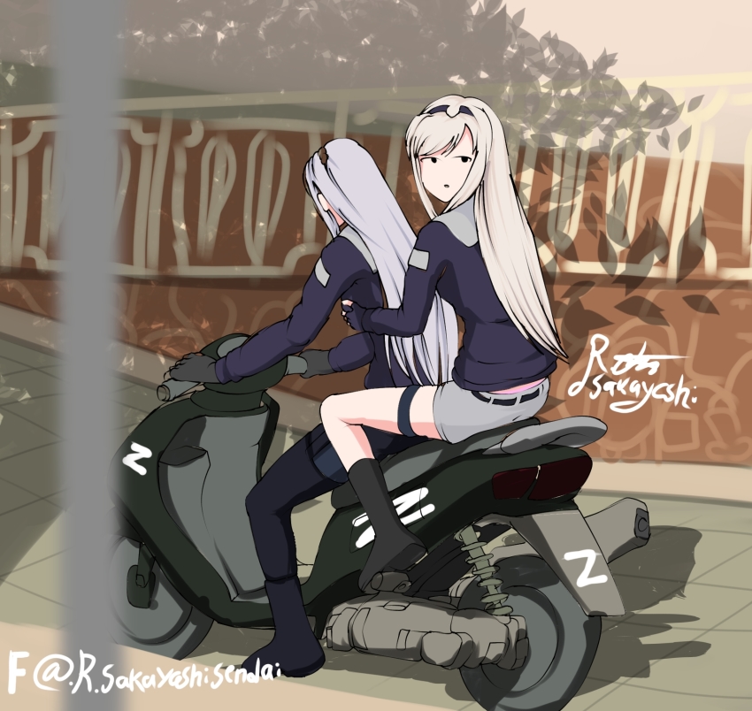 ak-12_(girls&#039;_frontline) an-94_(girls&#039;_frontline) artist_name black_gloves black_hairband blonde_hair commentary day english_commentary expressionless facebook_username fingerless_gloves girls&#039;_frontline gloves hairband highres holding_to_chest jacket long_hair long_sleeves looking_at_viewer looking_back motor_vehicle motorcycle multiple_girls outdoors parted_lips riding sakayashisendai scooter sidelocks silver_hair z_(russian_symbol) z_(symbol)