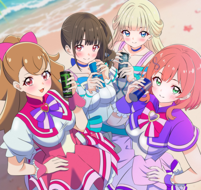 4girls aqua_bow aqua_bowtie beach blonde_hair blue_bow blue_bowtie blue_choker blue_eyes blush bow bowtie brooch brown_hair can choker closed_mouth cosplay cure_friendy cure_friendy_(cosplay) cure_lillian cure_lillian_(cosplay) cure_nyammy cure_nyammy_(cosplay) cure_wonderful cure_wonderful_(cosplay) dress drink drink_can green_eyes hair_bow hair_ornament hairclip heart heart_brooch highres holding holding_drink inukai_iroha inukai_komugi jewelry long_hair medium_hair monster_energy multiple_girls nekoyashiki_mayu nekoyashiki_yuki open_mouth pink_bow pink_bowtie pink_dress pink_hair pon_tanuki_(ga7fsrge9jxblaw) ponytail precure puffy_short_sleeves puffy_sleeves purple_bow purple_bowtie purple_dress red_bull red_eyes short_sleeves side_ponytail smile two-tone_dress white_dress wonderful_precure! wrist_cuffs