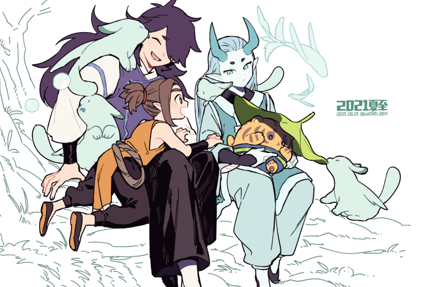 4boys aqua_eyes aqua_hair aqua_horns black_footwear black_hair brown_eyes brown_hair closed_eyes dated fengxi_(the_legend_of_luoxiaohei) horns leaf long_sleeves luo_xiaohei_zhanji luozhu_(the_legend_of_luoxiaohei) multiple_boys open_mouth profile shoes sleeveless smile tianhu_(the_legend_of_luoxiaohei) twitter_username vox xuhuai_(the_legend_of_luoxiaohei)