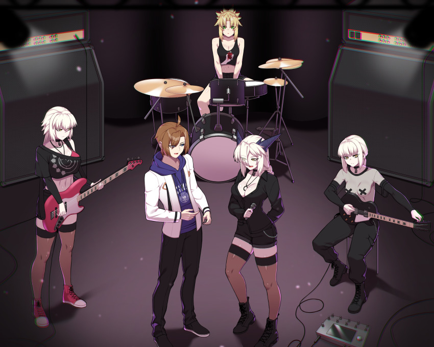 alternate_breast_size artoria_pendragon_(fate) artoria_pendragon_(lancer_alter)_(fate) bass_guitar blink-182 blonde_hair blue_eyes boots breasts cargo_pants collar combat_boots converse crop_top drum fate/grand_order fate_(series) green_day green_eyes guitar highres hood hoodie hyperbudd instrument jeanne_d&#039;arc_alter_(fate) large_breasts light_brown_hair microphone mordred_(fate) mordred_(fate/apocrypha) pants saber_alter shorts speaker thighhighs unbuttoned unbuttoned_shirt vans white_hair yellow_eyes
